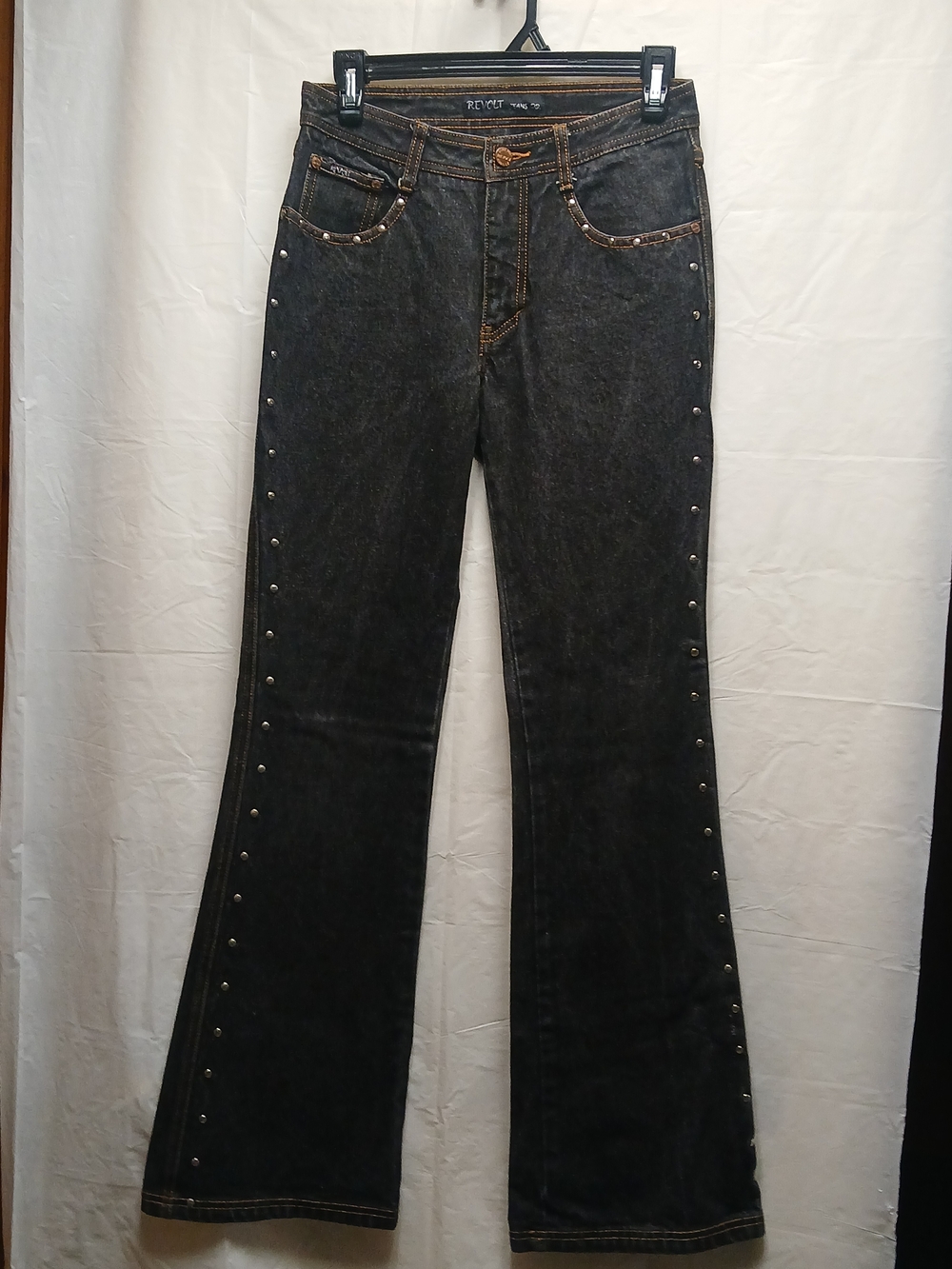 Revolt Women’s Black Stud-Trim Flared Jeans